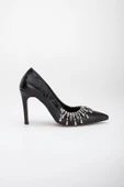 Kırışık Rugan Salkım Taşlı Siyah Kadın İnce Topuk Stiletto thumbnail 3