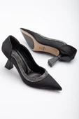 Saten Kalın Sıra Taşlı Siyah Kadın Kadeh Topuk Stiletto - 1