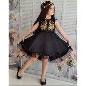 MODAVALS SİYAH İNCİ NAKIŞLI VARAK DETAYLI ÖZEL TASARIM KIZ ÇOCUK ABİYE & TAÇ KOMBİN - 1