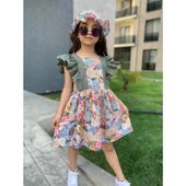 MODAVALS ŞAPKALI FIRFIRLI ÇİÇEK DESENLİ KIZ ÇOCUK ELBİSE - YEŞİL - 4