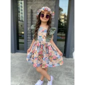 MODAVALS ŞAPKALI FIRFIRLI ÇİÇEK DESENLİ KIZ ÇOCUK ELBİSE - YEŞİL - 1