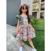 MODAVALS ŞAPKALI FIRFIRLI ÇİÇEK DESENLİ KIZ ÇOCUK ELBİSE - YEŞİL - 3