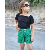 MODAVALS KIZ ÇOCUK PUANTİYELİ KEMERLİ ŞORT VE BLUZ KOMBİN - YEŞİL - 1