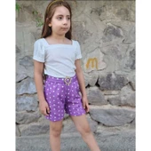 MODAVALS KIZ ÇOCUK PUANTİYELİ KEMERLİ ŞORT VE BLUZ KOMBİN - MOR - 1