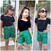 MODAVALS KIZ ÇOCUK PUANTİYELİ KEMERLİ ŞORT VE BLUZ KOMBİN - YEŞİL - 2