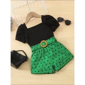MODAVALS KIZ ÇOCUK PUANTİYELİ KEMERLİ ŞORT VE BLUZ KOMBİN - YEŞİL - 8