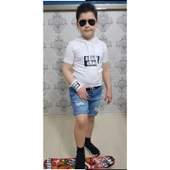 MODAVALS KAPİŞONLU SWEAT BİLEKLİK ZİNCİR AKSESUARLI 4 PARÇA ERKEK ÇOCUK KOT ŞORT KOMBİN - BEYAZ - 4