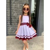 MODAVALS KARDEŞ KOMBİN DANTEL DETAYLI PAMUKLU KIZ ÇOCUK ELBİSE - BORDO - 1