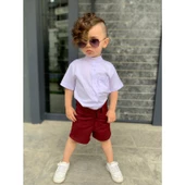 MODAVALS KARDEŞ KOMBİN KETEN ŞORTLU ERKEK ÇOCUK TAKIM - BORDO - 1