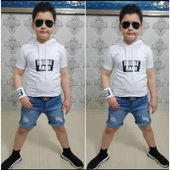 MODAVALS KAPİŞONLU SWEAT BİLEKLİK ZİNCİR AKSESUARLI 4 PARÇA ERKEK ÇOCUK KOT ŞORT KOMBİN - BEYAZ - 2