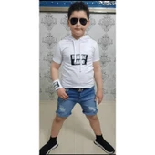 MODAVALS KAPİŞONLU SWEAT BİLEKLİK ZİNCİR AKSESUARLI 4 PARÇA ERKEK ÇOCUK KOT ŞORT KOMBİN - BEYAZ - 1