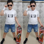 MODAVALS KAPİŞONLU SWEAT BİLEKLİK ZİNCİR AKSESUARLI 4 PARÇA ERKEK ÇOCUK KOT ŞORT KOMBİN - BEYAZ - 3