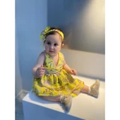 MODAVALS LİMON SARI KARDEŞ KOMBİN ÇİÇEKLİ KIZ ÇOCUK ELBİSE & BANDANA KOMBİN - 1