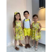 MODAVALS LİMON SARI KARDEŞ KOMBİN ÇİÇEKLİ KIZ ÇOCUK ELBİSE & BANDANA KOMBİN - 5