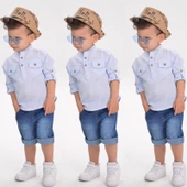 MODAVALS HASIR ŞAPKALI KETEN GÖMLEKLİ KOT KAPRİLİ ERKEK ÇOCUK KOT KOMBİN - MAVİ - 1