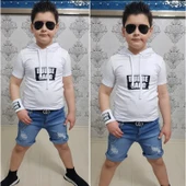 MODAVALS KAPİŞONLU SWEAT BİLEKLİK ZİNCİR AKSESUARLI 4 PARÇA ERKEK ÇOCUK KOT ŞORT KOMBİN - BEYAZ - 5