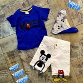 MODAVALS MICKEY APLİKELİ DERİ DETAYLI BOYUNLUKLU BEYAZ KOT ŞORTLU ERKEK ÇOCUK TAKIM - MAVİ - 1