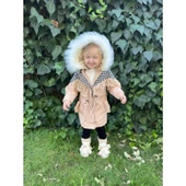 MODAVALS İTHAL KÜRKLÜ KAZ AYAĞI DESENLİ DANTELLİ BELİ BAĞCIKLI KIZ ÇOCUK MONT - BEJ - 6