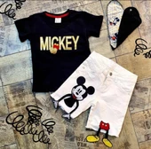 MODAVALS MICKEY APLİKELİ DERİ DETAYLI BOYUNLUKLU BEYAZ KOT ŞORTLU ERKEK ÇOCUK TAKIM - SİYAH - 1