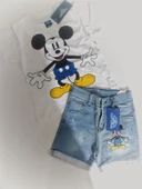 MODAVALS MICKEY NAKIŞLI LAZER KESİ DETAYLI ERKEK ÇOCUK KOT ŞORTLU TAKIM - MAVİ - 3