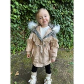 MODAVALS İTHAL KÜRKLÜ KAZ AYAĞI DESENLİ DANTELLİ BELİ BAĞCIKLI KIZ ÇOCUK MONT - BEJ - 3