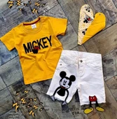 MODAVALS MICKEY APLİKELİ DERİ DETAYLI BOYUNLUKLU BEYAZ KOT ŞORTLU ERKEK ÇOCUK TAKIM - SARI - 1