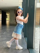 MODAVALS KIZ ÇOCUK KARPUZ KOL BLUZLU DANTEL DETAY KOT ETEKLİ ALT ÜST TAKIM 541236987 - 4