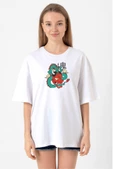 Dragon Samurai Anime Beyaz Kadın Oversize Tshirt thumbnail 1