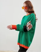 Modatalika Kadın Uzun Kollu Düz ve Kolları Desen Kombinli Oversize Triko Tunik thumbnail 10