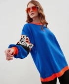 Modatalika Kadın Uzun Kollu Düz ve Kolları Desen Kombinli Oversize Triko Tunik thumbnail 1