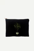 Zeytin Ağacı Desenli 100 Pamuk Siyah Clutch Çanta - 1