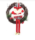 25 cm Hasır Çelenkli Peluş Noel Baba Figürlü 2024 Yılbaşı Kapı Süsü - 1