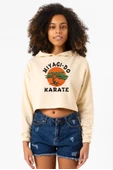 Cobra Kai Miyagi Do Karate Bej Kadın Crop Kapşonlu thumbnail 1