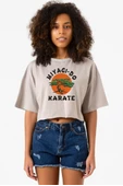 Cobra Kai Miyagi Do Karate Taş Rengi Kadın Crop Kapşonlu thumbnail 1