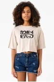 Cowboy Bebop Retro Letter Logo Bej Kadın Crop Tshirt thumbnail 1