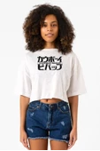 Cowboy Bebop Retro Letter Logo Beyaz Kırçıllı Kadın Crop Tshirt thumbnail 1