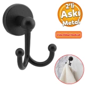 Metal Askı Siyah Renk Askılık Banyo Tuvalet Havlu Bornoz Askısı Çatal İkili Askı - 1