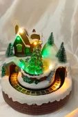 Yılbaşı Noel Köy Tren Kar Küresi Noel Baba Karakter Işık kahve Yeni Yıl Çam Ağacı - 4