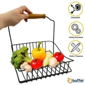 BUFFER® Retro Ferforje Askılı Siyah  Ahşap Kulplu Düzenleyici Mutfak Sepeti - 3