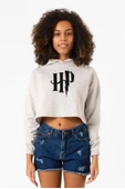 HP Logo Beyaz Kırçıllı Kadın Crop Kapşonlu - 1