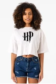 HP Logo Beyaz Kırçıllı Kadın Crop Tshirt - 1