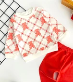 Neşeli Bebekler Ayıcık Baskılı Baklava Desen İki İplik Penye Kumaş Takım Kiremit thumbnail 2