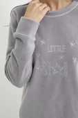 Nakış Detaylı Polar Pijama Takım - Gri - 5