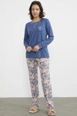 Düz Desenli Kombinli Pijama Takım - Indigo thumbnail 2