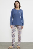 Düz Desenli Kombinli Pijama Takım - Indigo thumbnail 1