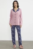 Açık Yaka Düğmeli Pijama Takım - Pembe - 2