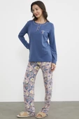 Düz Desenli Kombinli Pijama Takım - Indigo thumbnail 4