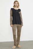 Leopar Düğmeli Yaka Pijama Takım - Siyah - 1