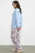 Düz Desenli Kombinli Pijama Takım - Mavi - 5