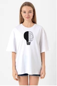 Lightbulb & Brain Beyaz Kadın Oversize Tshirt thumbnail 1